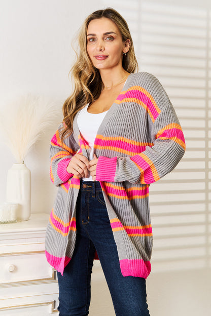 Dark gray woven right ribbed long sleeve cardigan by Trendsi, featuring a cozy, textured knit and a relaxed fit.
