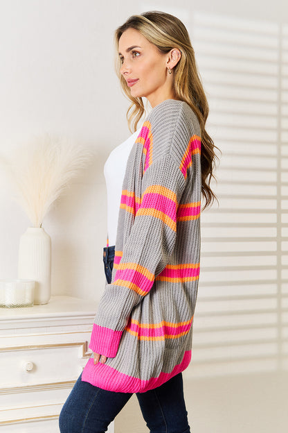 Dark gray woven right ribbed long sleeve cardigan by Trendsi, featuring a fitted design and textured knit fabric.