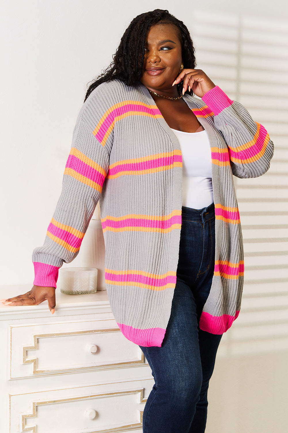 Dark gray woven long sleeve cardigan with right ribbed design, made by Trendsi, featuring a cozy, textured knit fabric.