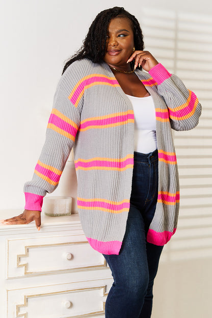 Dark gray woven long sleeve cardigan with right ribbed design, made by Trendsi, featuring a cozy, textured knit fabric.