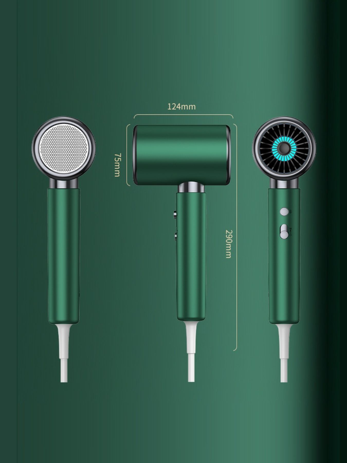 Dark green Trendsi high-speed hair dryer with European plug, featuring constant temperature and sleek ergonomic design.