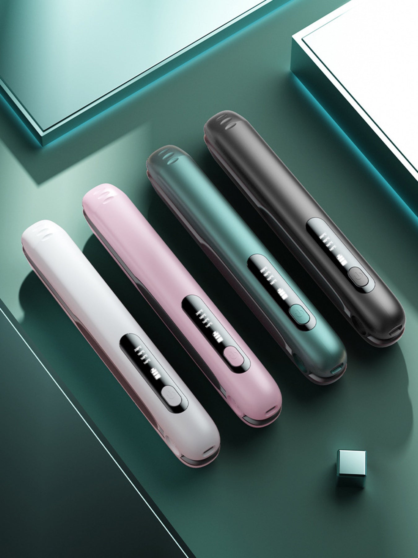 Dark green portable cordless hair straightener by Trendsi, compact and sleek for easy styling on the go.