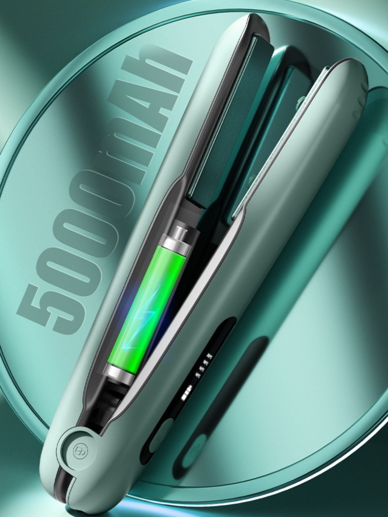 Dark green portable cordless hair straightener by Trendsi, compact and lightweight for easy styling on the go.