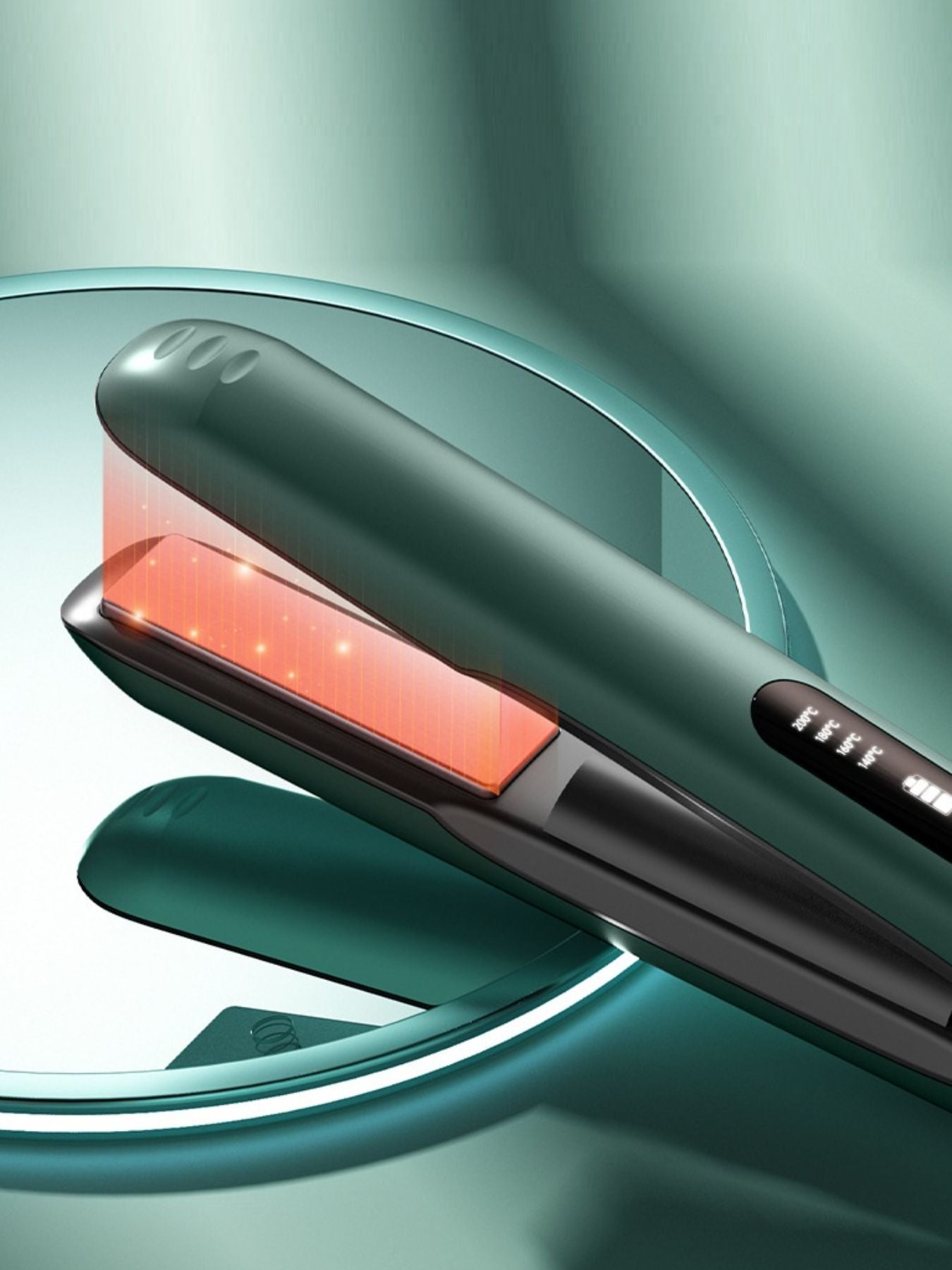 Dark green portable cordless hair straightener from Trendsi, compact styling tool for quick, on-the-go hair straightening.