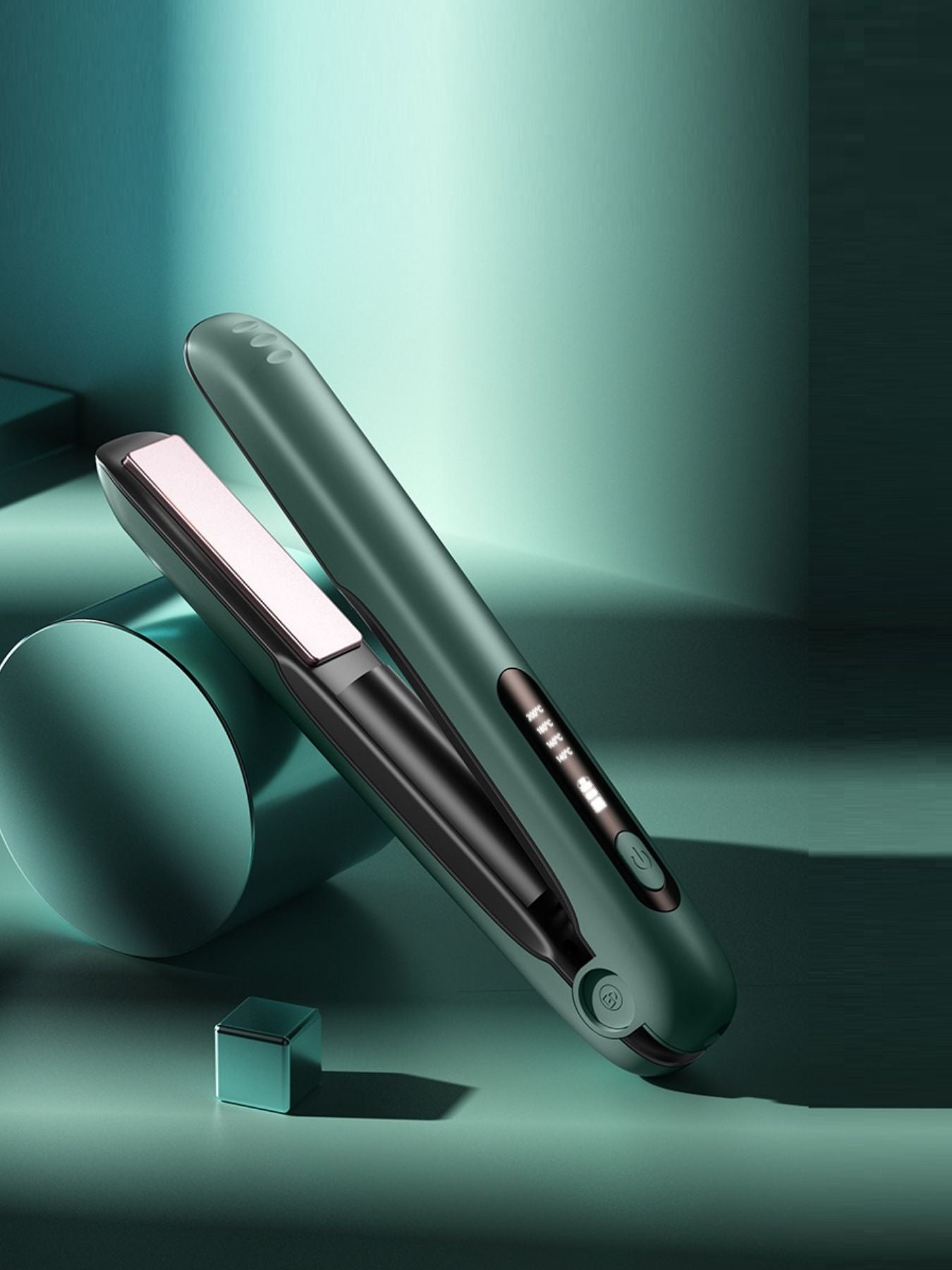 Dark green portable cordless hair straightener by Trendsi, compact and lightweight for easy styling on the go.