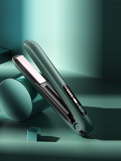 Dark green portable cordless hair straightener by Trendsi, compact and lightweight for easy styling on the go.