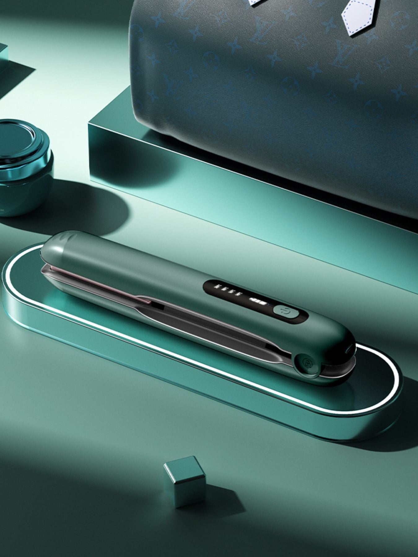 Dark green portable cordless hair straightener by Trendsi, compact and lightweight for convenient styling on the go.