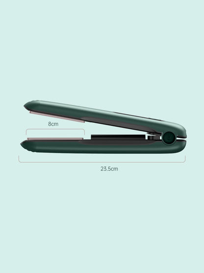 Dark green portable cordless hair straightener from Trendsi, compact design with ceramic plates for quick styling on the go.