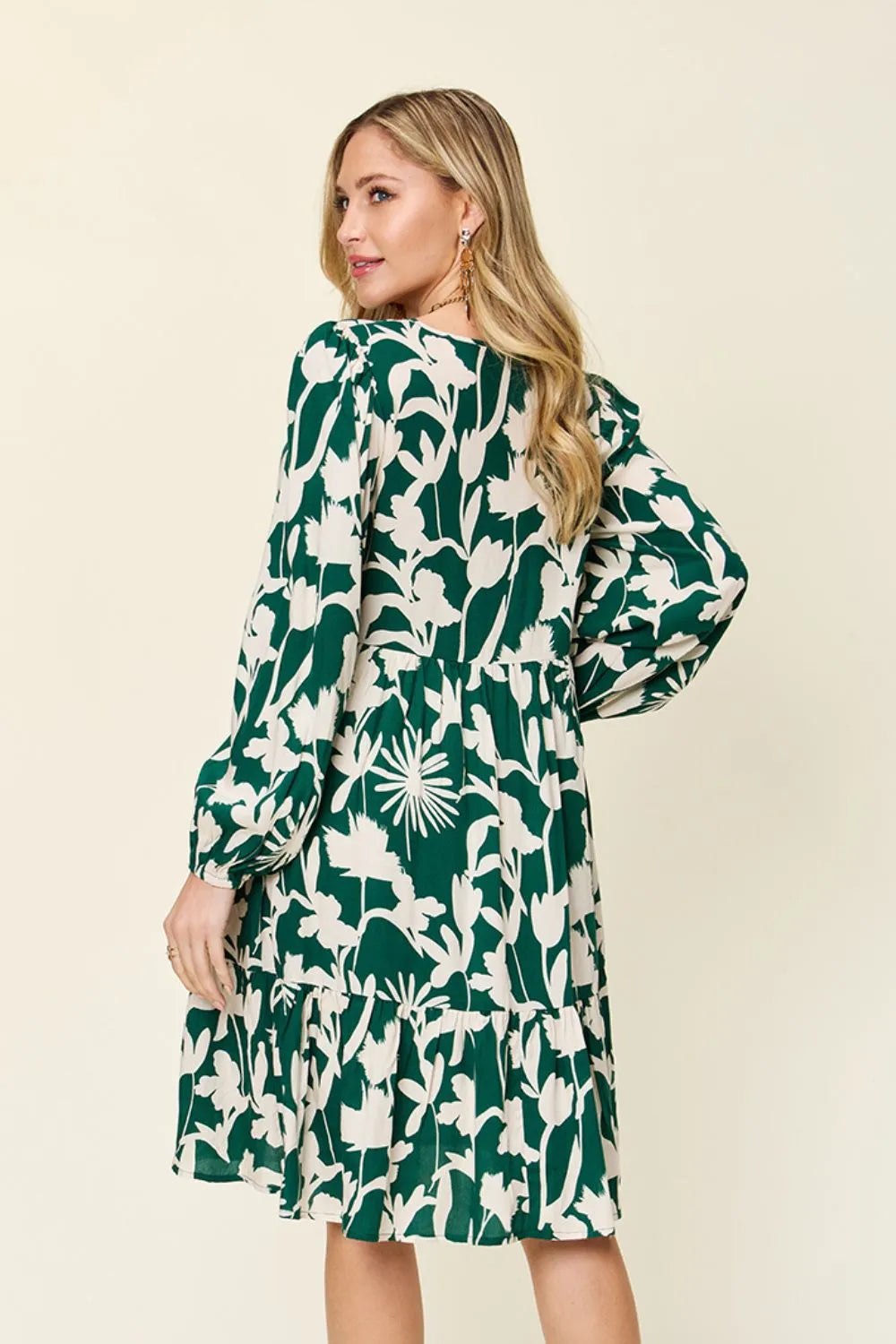 Dark green Trendsi Double Take printed ruffle hem dress with pocket, full size, featuring a stylish ruffled hem and comfortable fit.