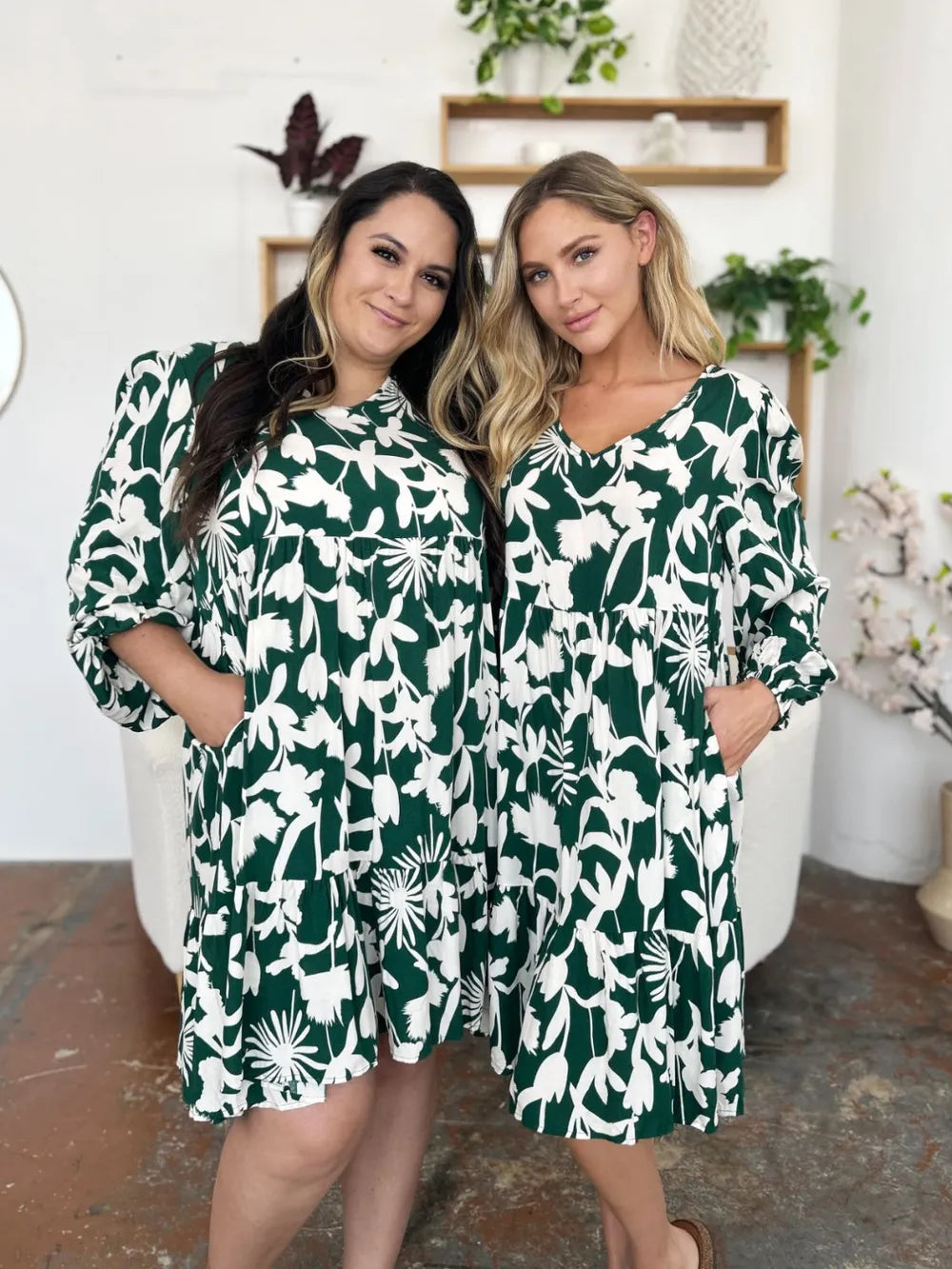 Dark green Trendsi Double Take printed dress with ruffle hem and side pocket, full size, stylish and comfortable for casual wear.