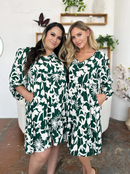 Dark green Trendsi Double Take printed dress with ruffle hem and side pocket, full size, stylish and comfortable for casual wear.