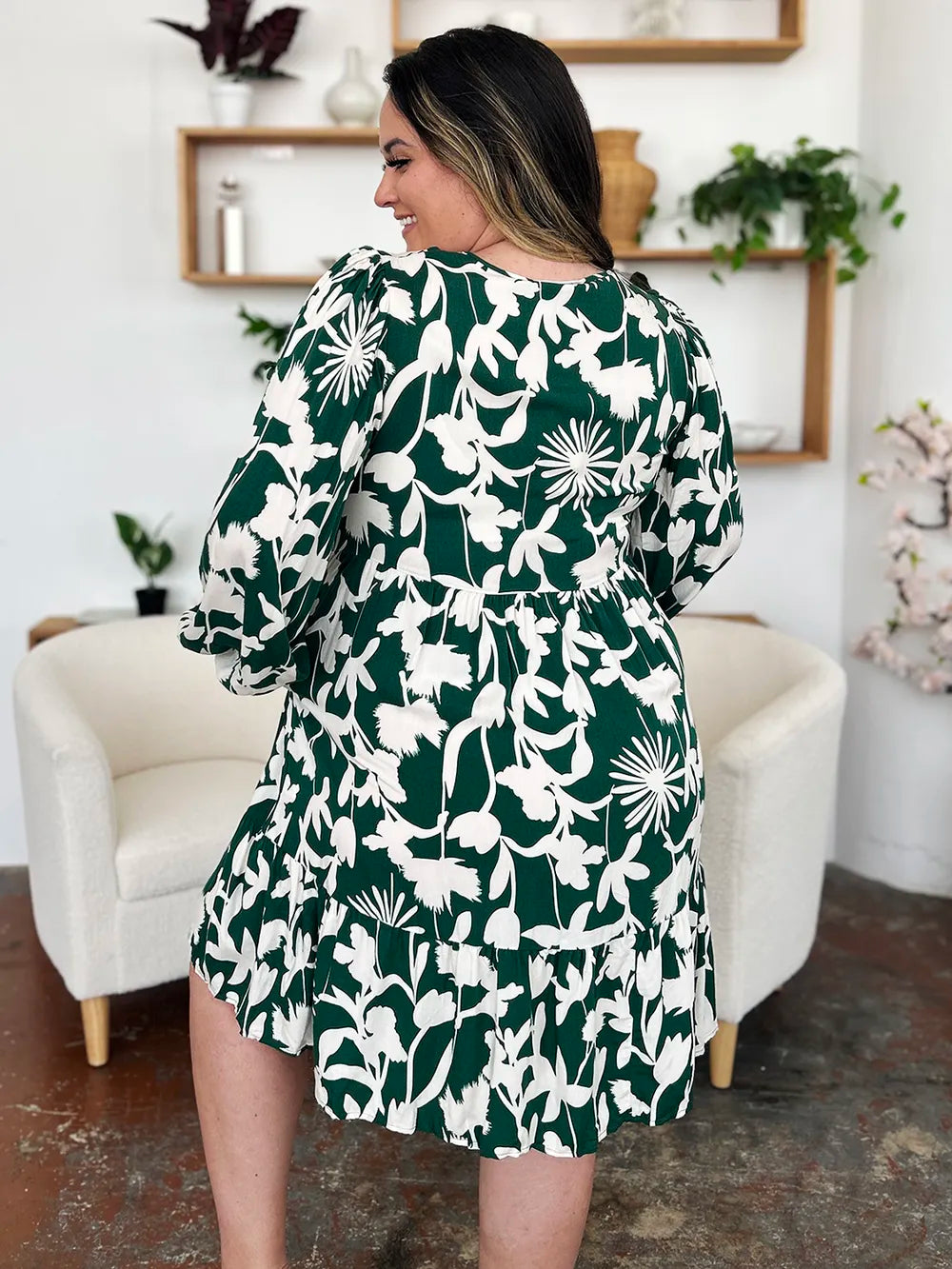 Dark green Trendsi Double Take full-size printed ruffle hem dress with pockets, showcasing a stylish, flowy design and feminine details.