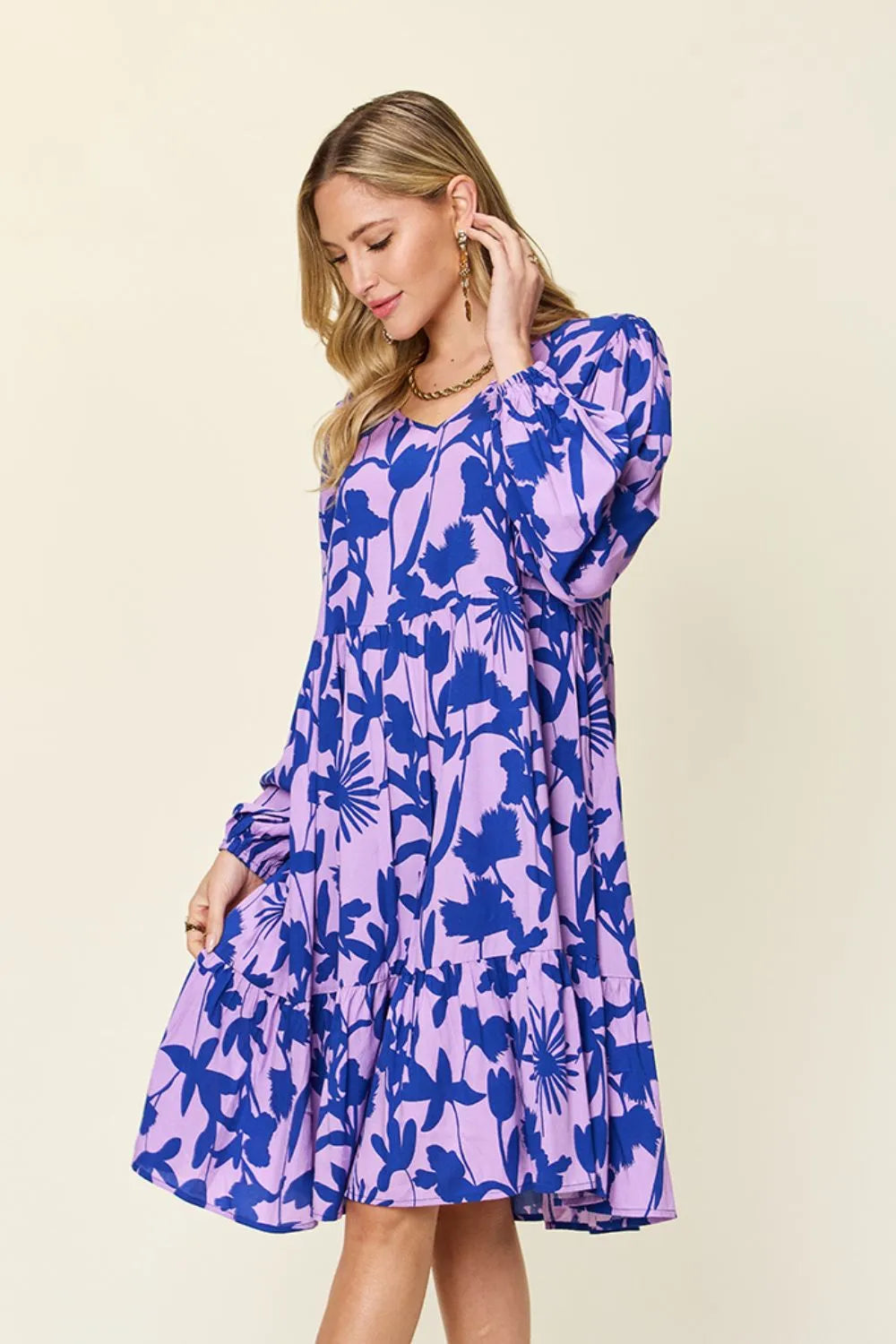 Dark green Trendsi Double Take full-size printed ruffle hem dress with pocket, showcasing stylish design and feminine details.