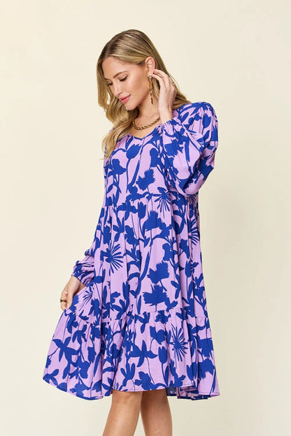 Dark green Trendsi Double Take full-size printed ruffle hem dress with pocket, showcasing stylish design and feminine details.