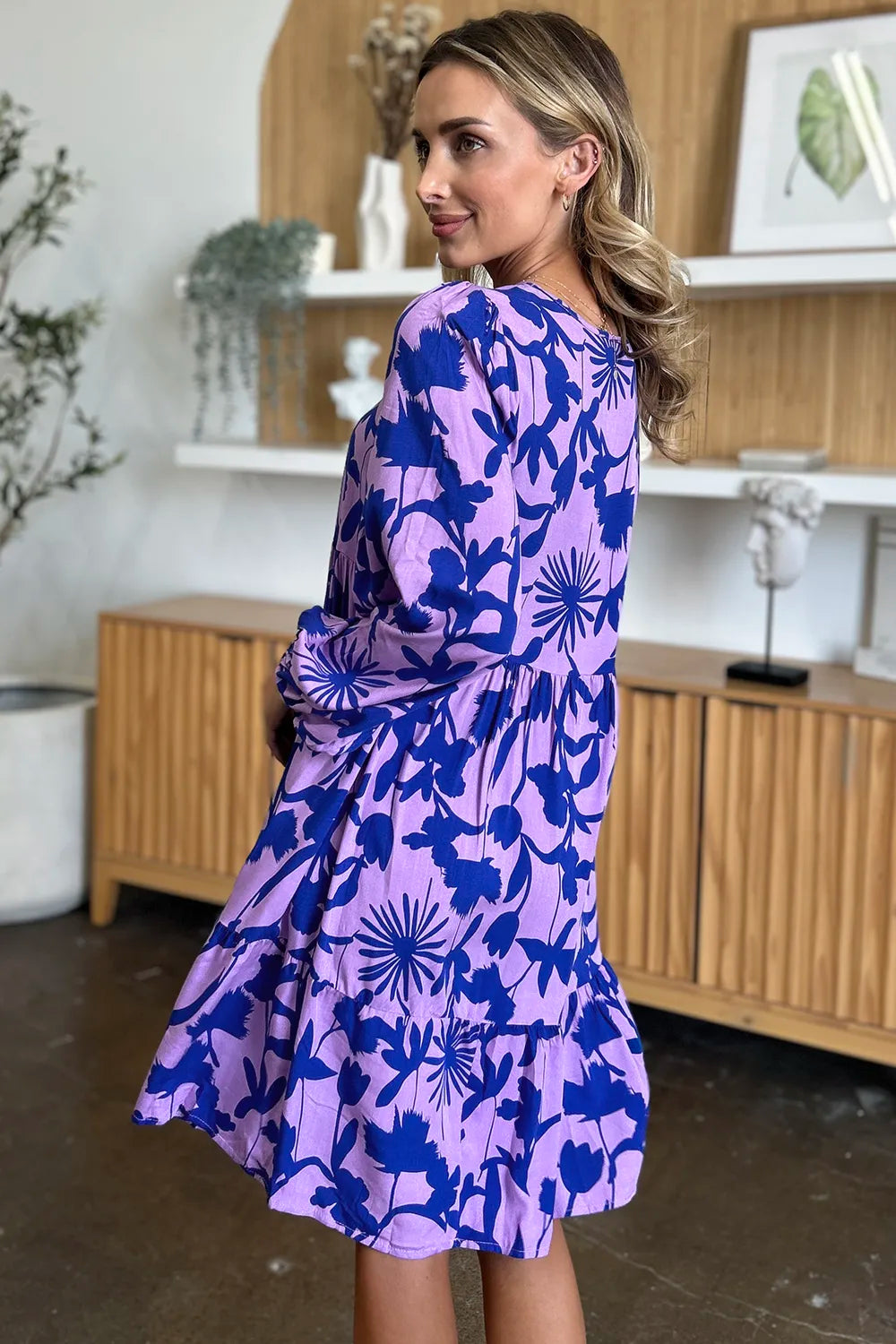 Dark green Trendsi Double Take full-size printed dress with ruffle hem and front pocket, stylish and comfortable for everyday wear.