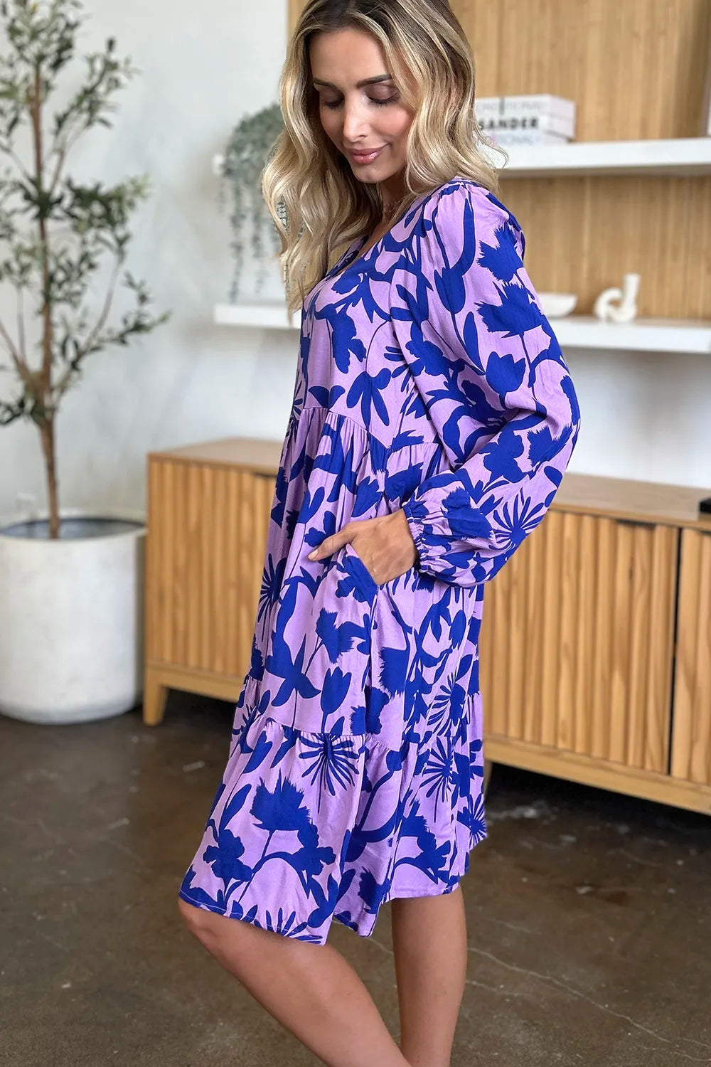 Dark green double take full-size printed ruffle hem dress with pockets, stylish and comfortable from Trendsi.