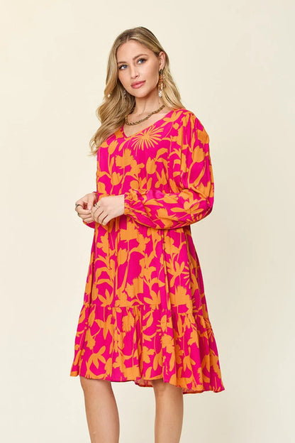 Dark green Trendsi Double Take printed dress with ruffle hem and pocket, full size, stylish and comfortable for casual wear.