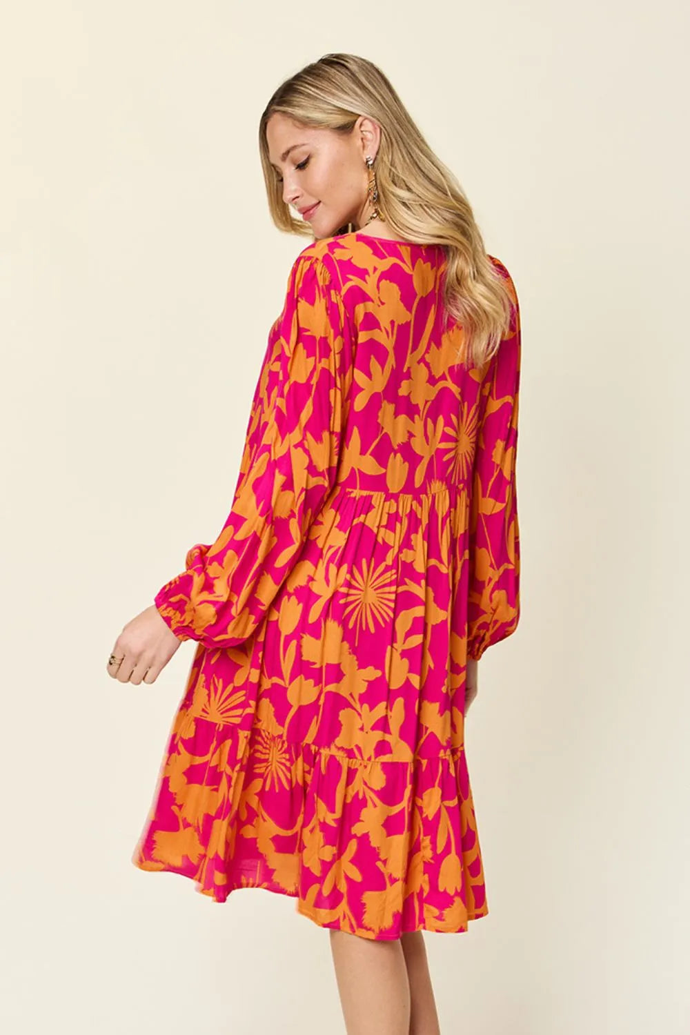 Dark green Trendsi Double Take full-size printed dress with ruffle hem and pocket, featuring a stylish and comfortable design.