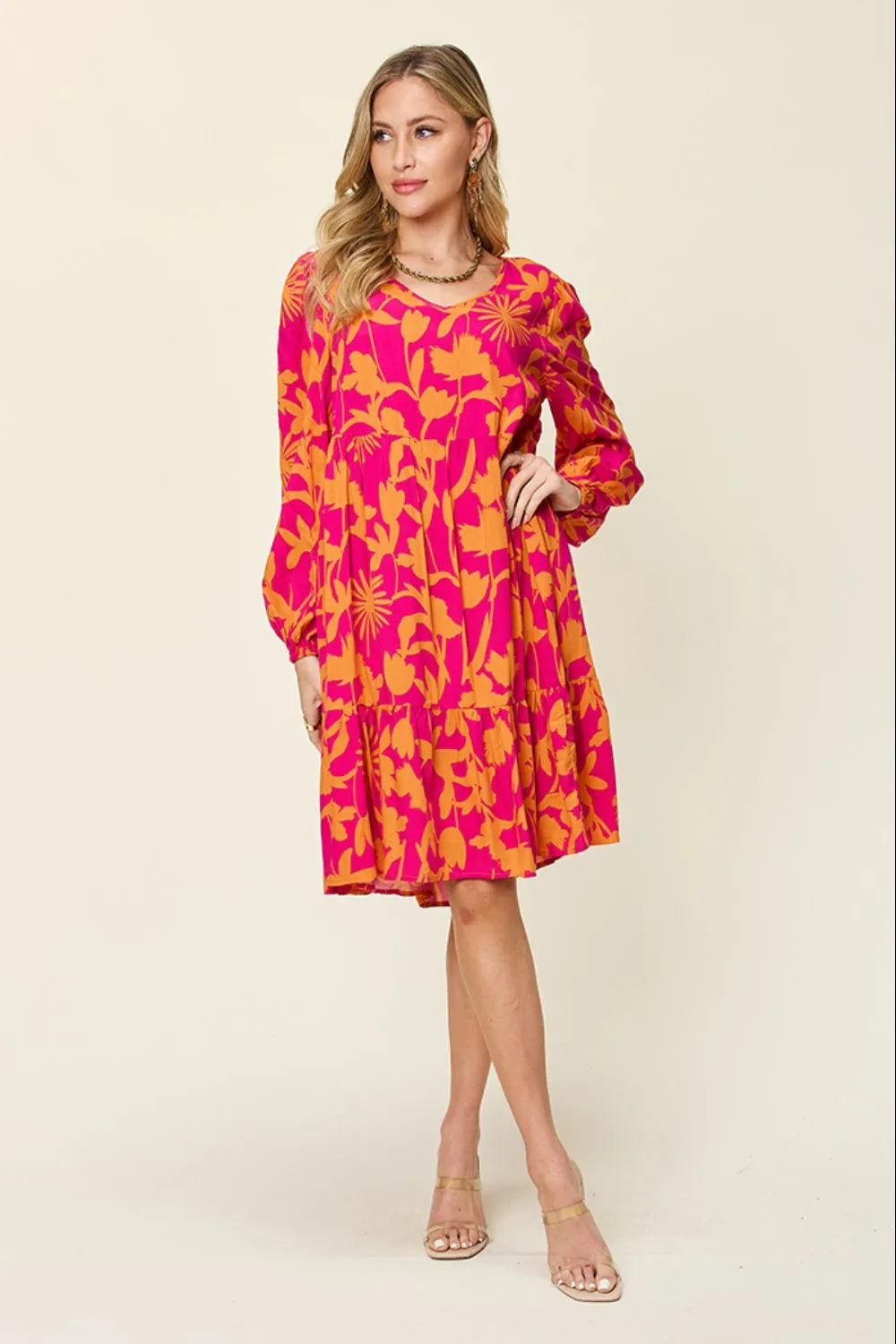 Dark green Trendsi Double Take printed ruffle hem dress with pockets, full size, featuring a stylish design and comfortable fit.
