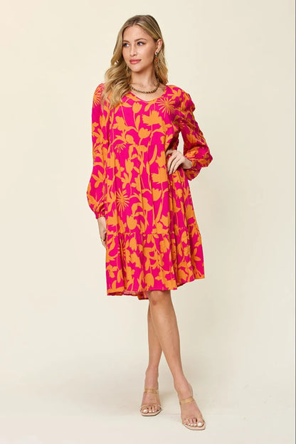 Dark green Trendsi Double Take printed ruffle hem dress with pockets, full size, featuring a stylish design and comfortable fit.