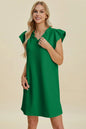 Dark green Trendsi Double Take full-size ruffled V-neck cap sleeve dress, featuring a flattering fit and elegant ruffle details.