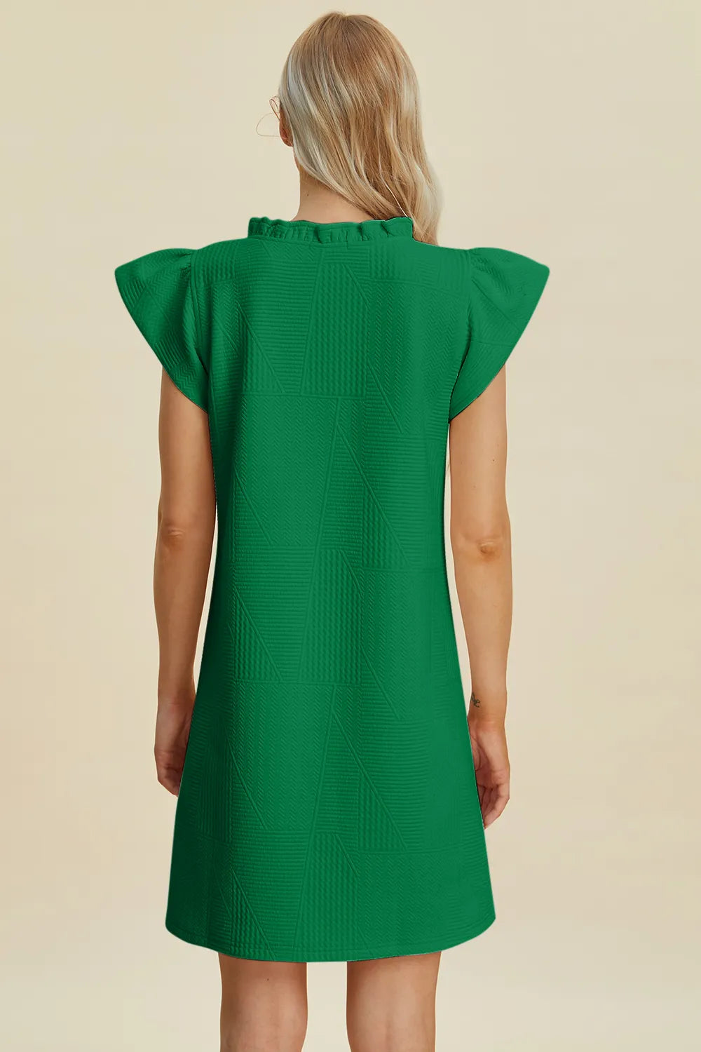 Dark green double take full-size ruffled V-neck cap sleeve dress by Trendsi, featuring a flowy silhouette and ruffle details.