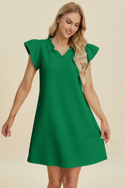 Dark green double take full size ruffled v-neck cap sleeve dress by Trendsi, featuring a flattering V-neck and feminine ruffle details.