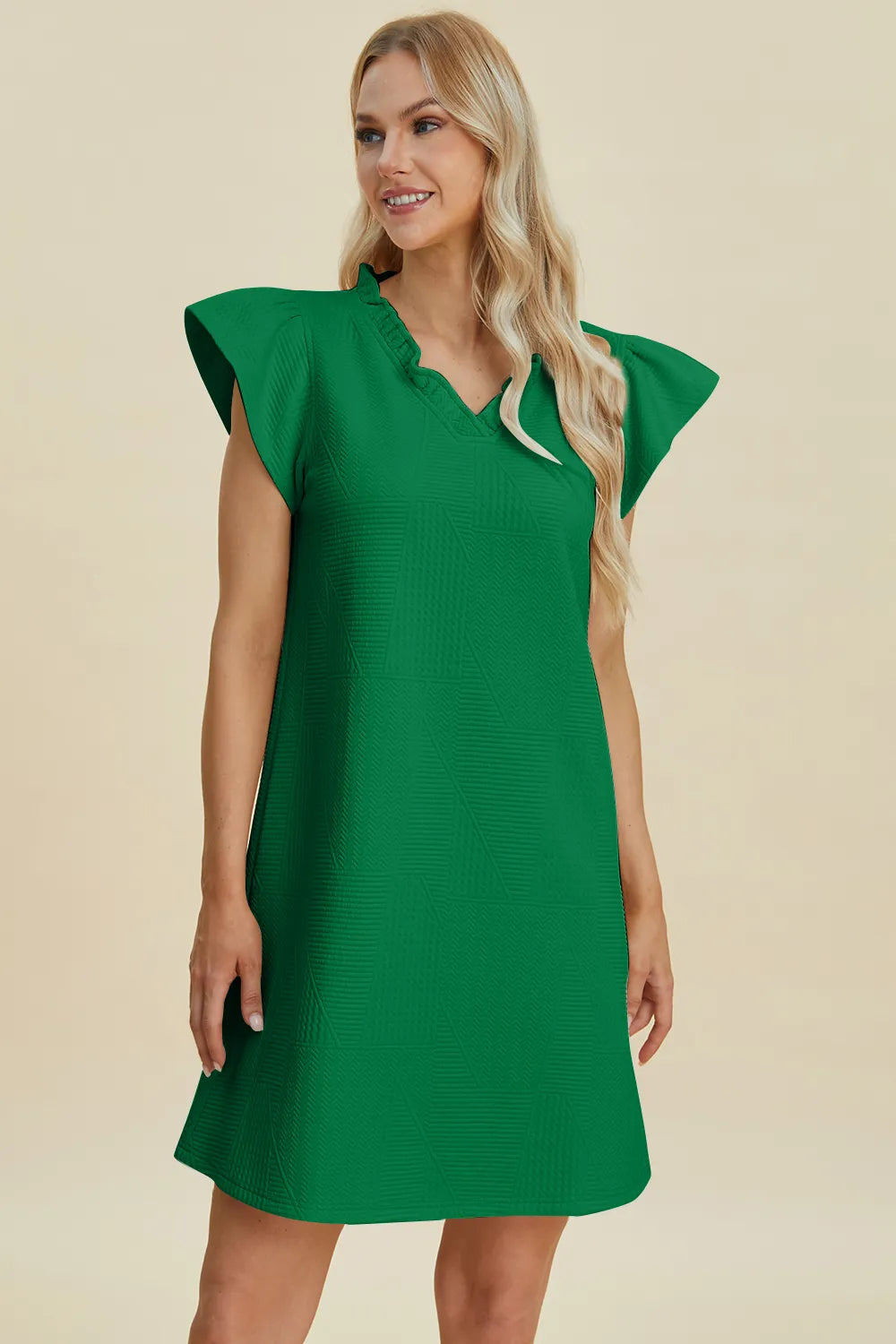 Dark green Trendsi Double Take full-size ruffled V-neck cap sleeve dress displayed on a hanger.