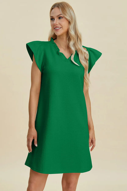 Dark green Trendsi Double Take full-size ruffled V-neck cap sleeve dress displayed on a hanger.