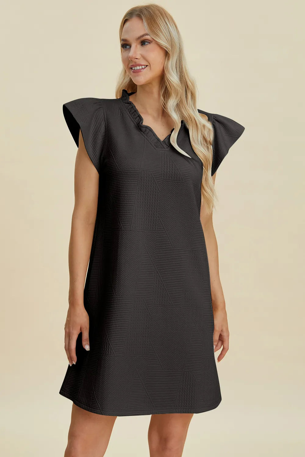 Dark green Trendsi Double Take ruffled V-neck cap sleeve dress, full size, elegant and flowy with ruffle details and a V-neckline.