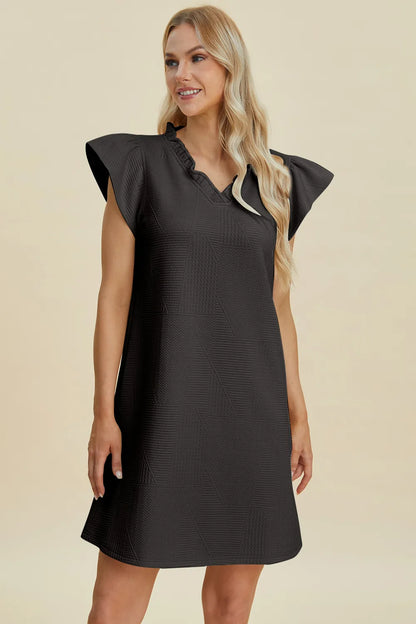 Dark green Trendsi Double Take ruffled V-neck cap sleeve dress, full size, elegant and flowy with ruffle details and a V-neckline.