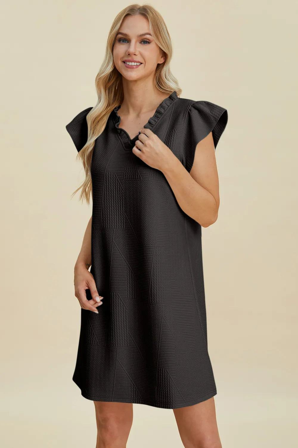 Dark green double take full-size ruffled V-neck cap sleeve dress by Trendsi, featuring a flattering V-neck and ruffled details.