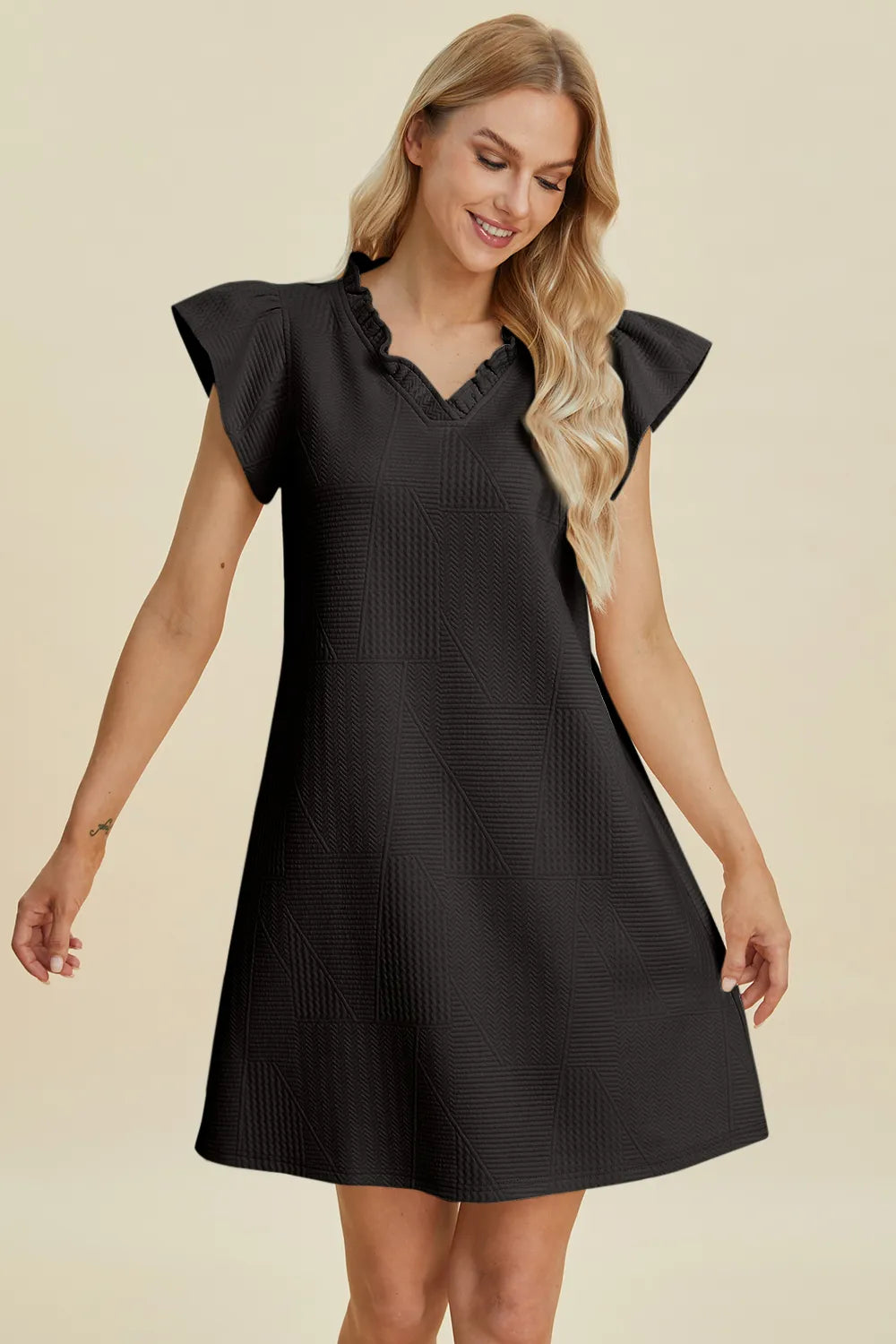 Dark green Trendsi Double Take full-size ruffled V-neck cap sleeve dress displayed on a hanger.
