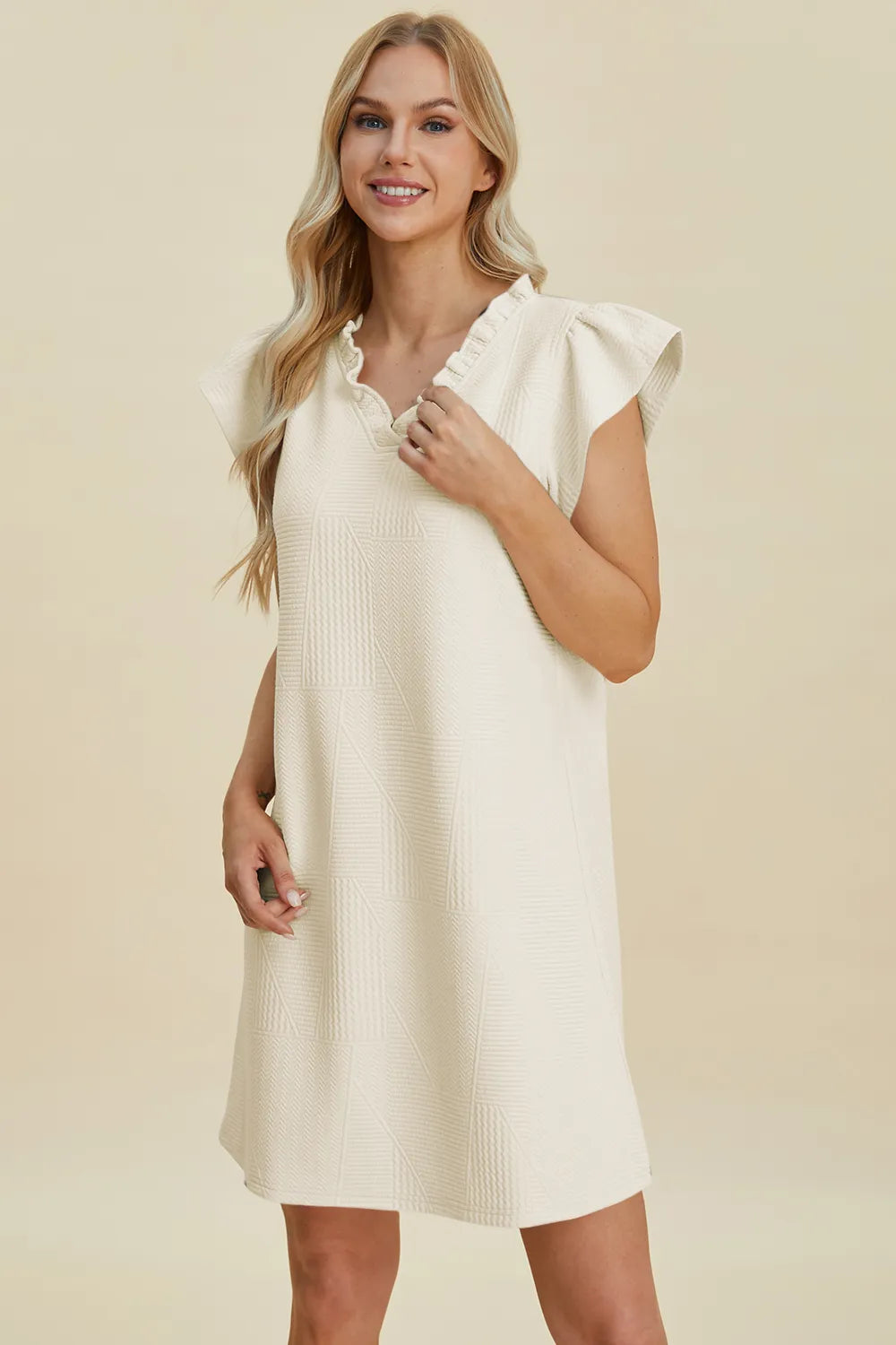 Dark green Trendsi Double Take full-size ruffled V-neck cap sleeve dress displayed on a mannequin.