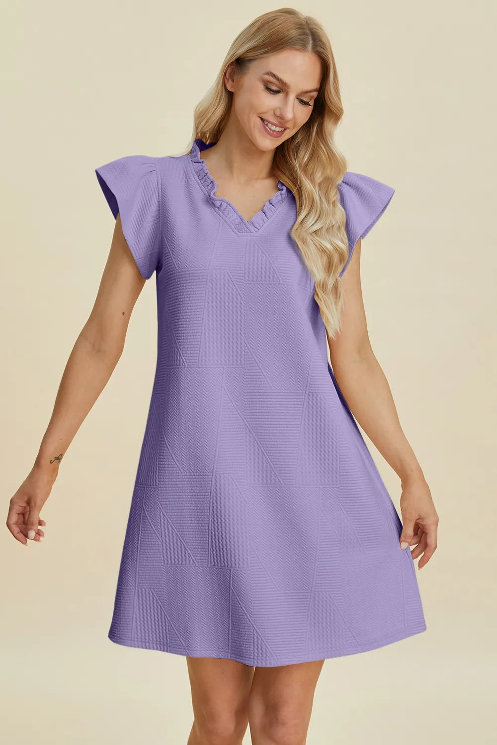 Dark green double take full-size ruffled V-neck cap sleeve dress by Trendsi, featuring a flattering V-neck and ruffled details.