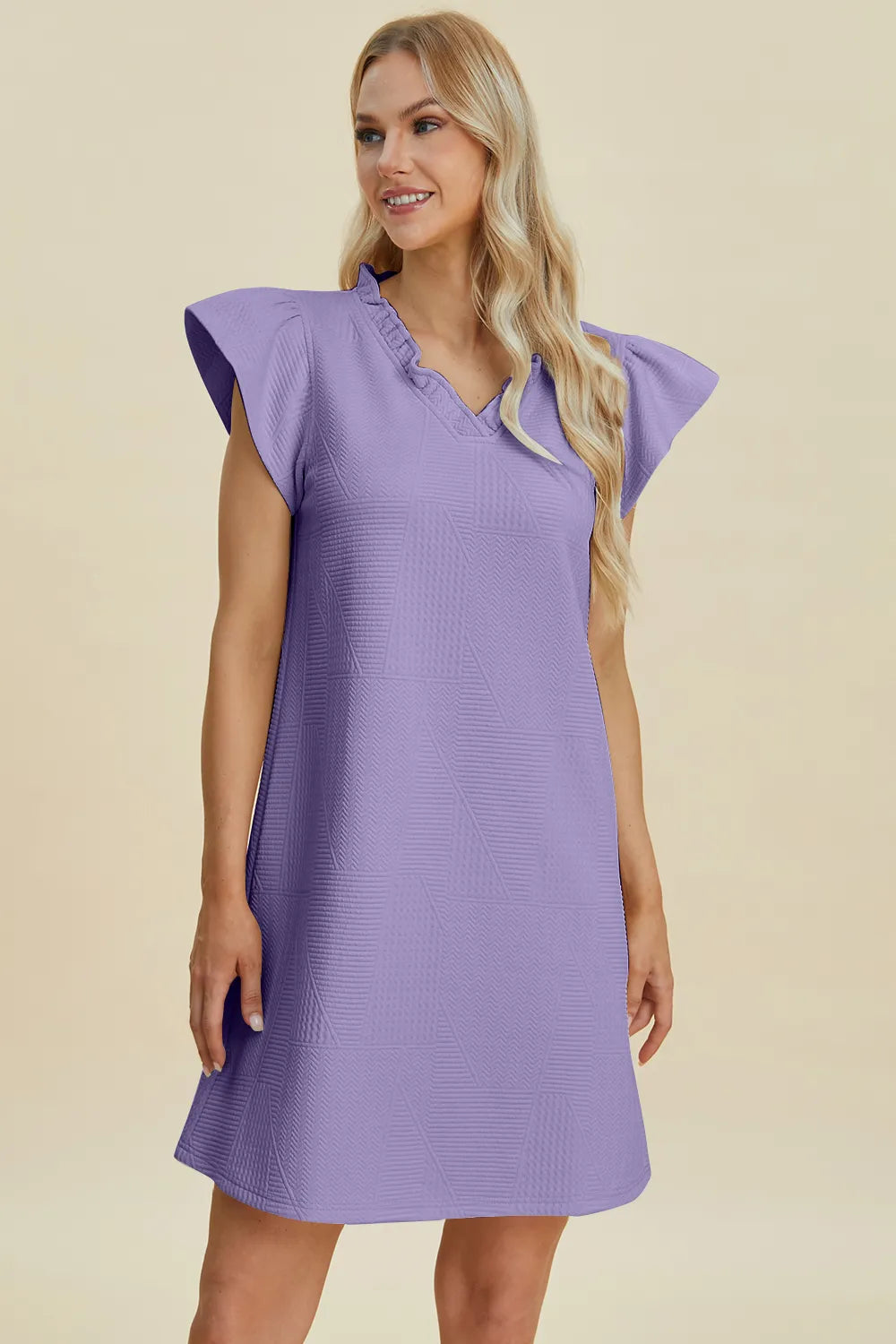 Dark green Trendsi Double Take ruffled V-neck cap sleeve dress, full size, stylish and elegant for casual or dressy occasions.