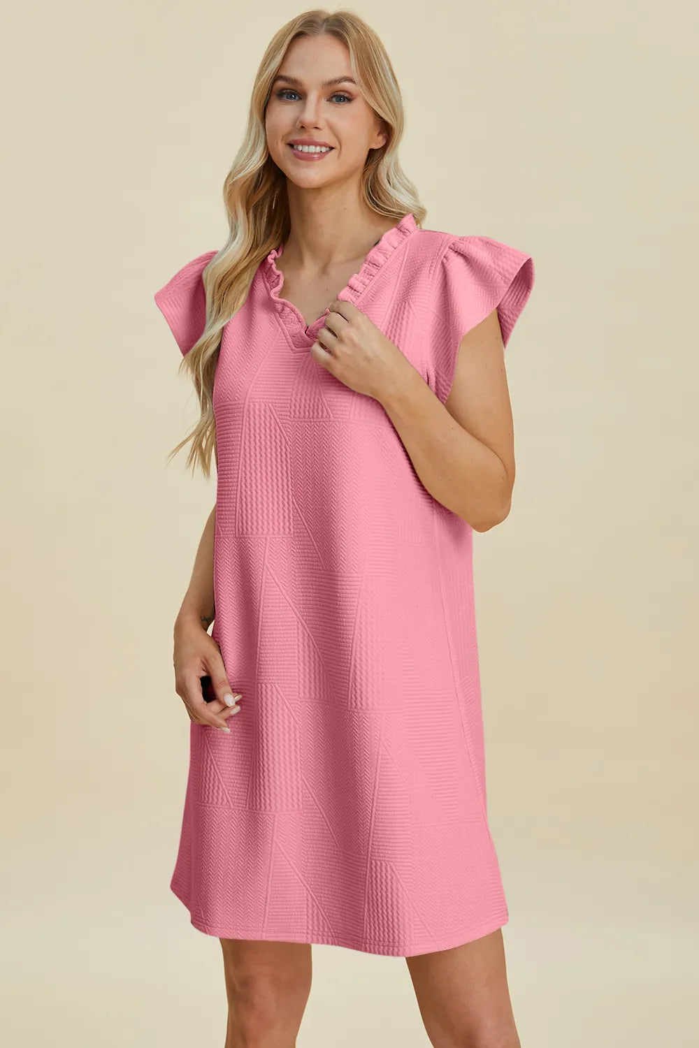 Dark green Trendsi Double Take full-size ruffled v-neck cap sleeve dress, shown on a model with ruffled details and a flattering fit.