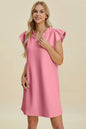 Dark green Trendsi Double Take full-size ruffled v-neck cap sleeve dress, shown on a model with ruffled details and a flattering fit.