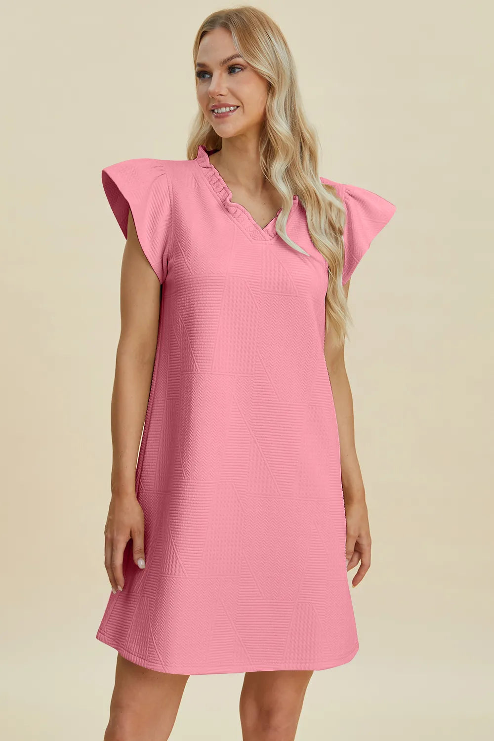 Dark green Trendsi Double Take full-size ruffled V-neck cap sleeve dress displayed on a model.