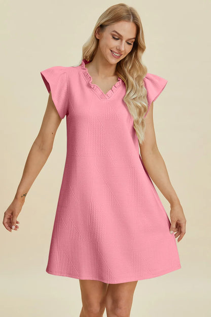 Dark green Trendsi Double Take full-size ruffled V-neck cap sleeve dress displayed on a hanger.