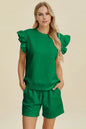 Dark green Trendsi Double Take full-size textured round neck ruffle sleeve top and matching shorts set, styled for casual wear.