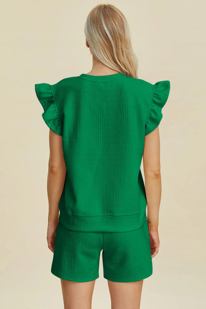 Dark green Trendsi Double Take texture round neck ruffle sleeve top and matching shorts set, casual and stylish.
