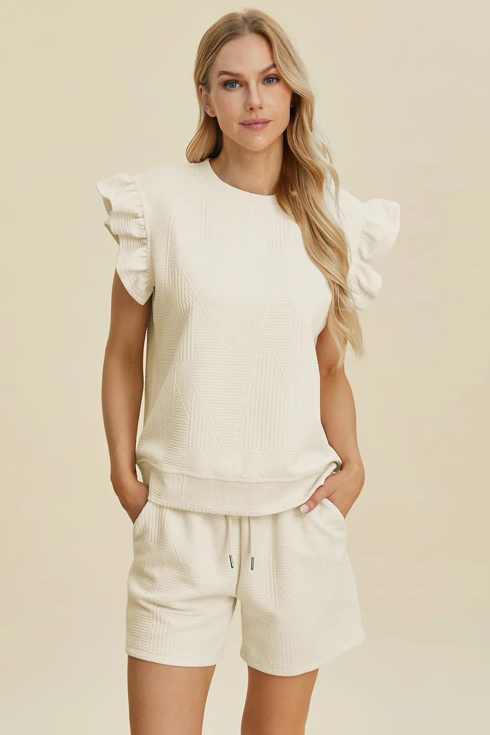 Dark green Trendsi Double Take full-size textured round neck top with ruffle sleeves and matching shorts set, casual and stylish.
