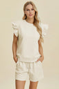 Dark green Trendsi Double Take full-size textured round neck top with ruffle sleeves and matching shorts set, casual and stylish.