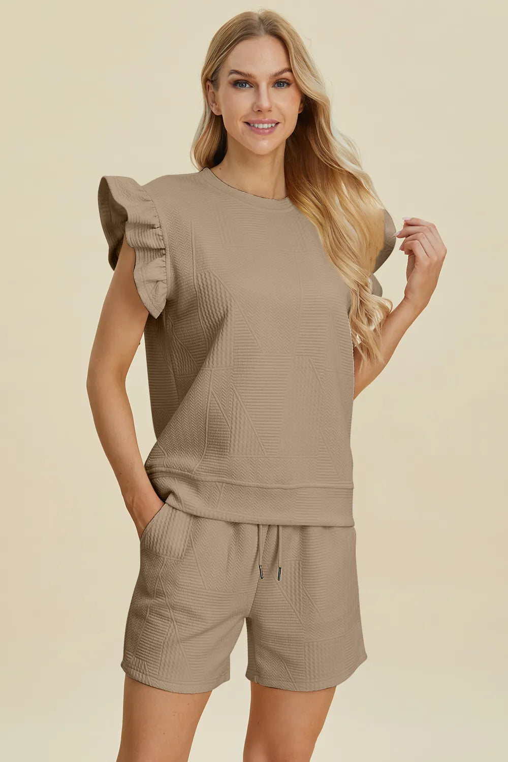 Dark green Trendsi Double Take textured round neck top with ruffle sleeves and matching shorts set, casual and stylish for warm weather.