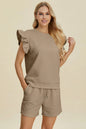 Dark green Trendsi Double Take textured round neck top with ruffle sleeves and matching shorts set, casual and stylish for warm weather.