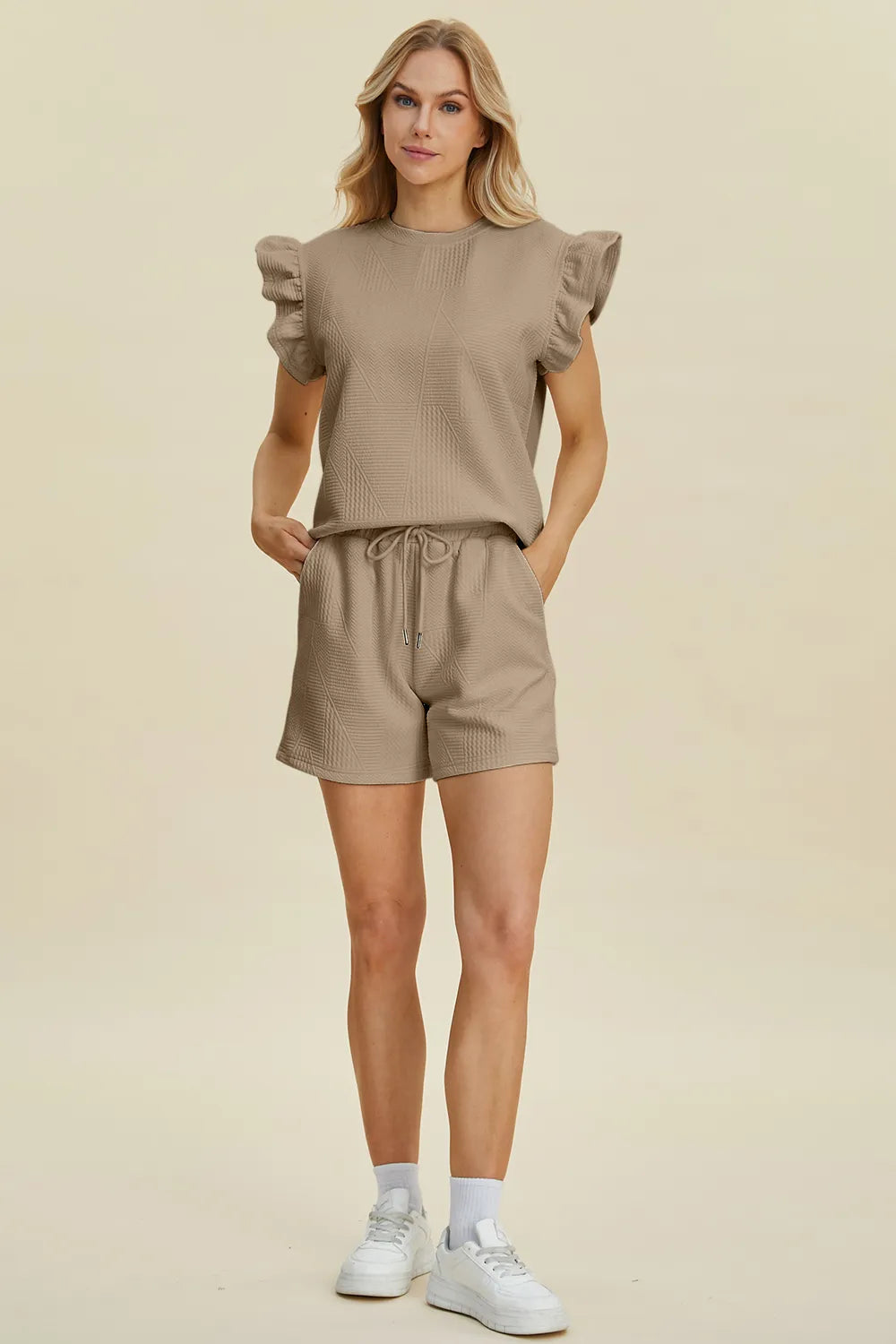 Dark green Trendsi double take full-size textured round neck top with ruffle sleeves and matching shorts set.