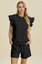 Dark green Trendsi double take full-size textured round neck ruffle sleeve top and matching shorts set on a model.