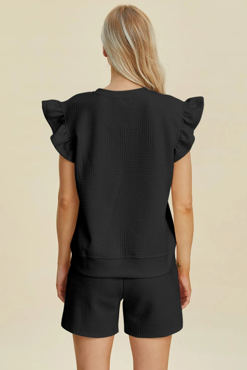Dark green double take full size textured round neck top with ruffle sleeves and matching shorts set by Trendsi.