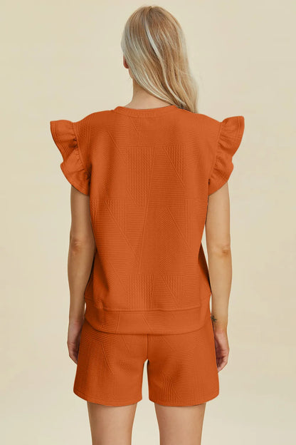 Dark green Trendsi double take full-size textured round neck ruffle sleeve top and matching shorts set, casual and stylish.